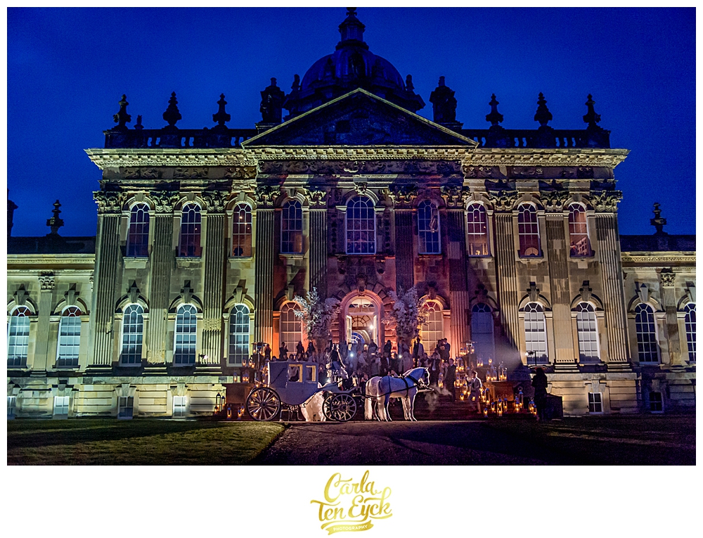 Bride and groom enter their festivities at their wedding at Castle Howard in North Yorkshire England