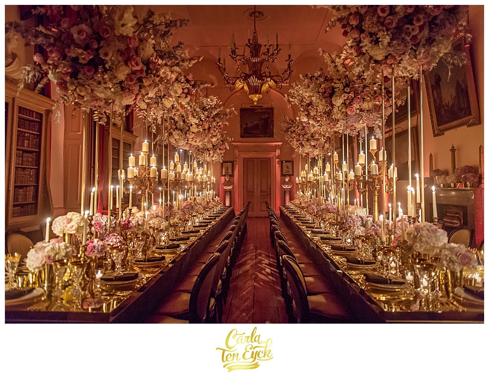 A stunning candlelight dinner at a wedding at Castle Howard in North Yorkshire England