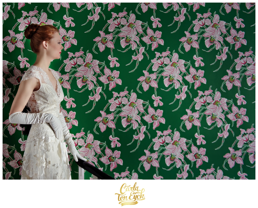 A bride poses in the Presidential Suite at The Greenbrier in West Virginia