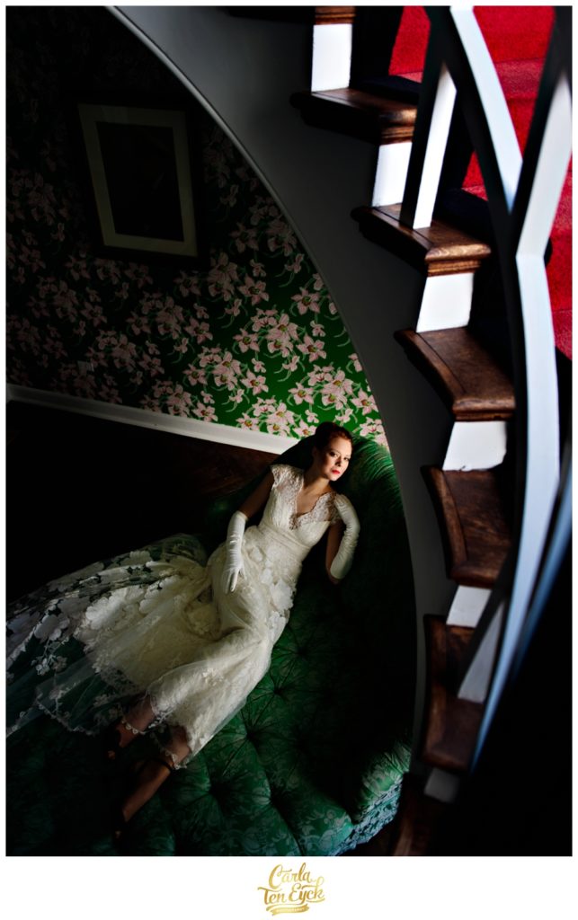 A bride poses in the Presidential Suite at The Greenbrier in West Virginia