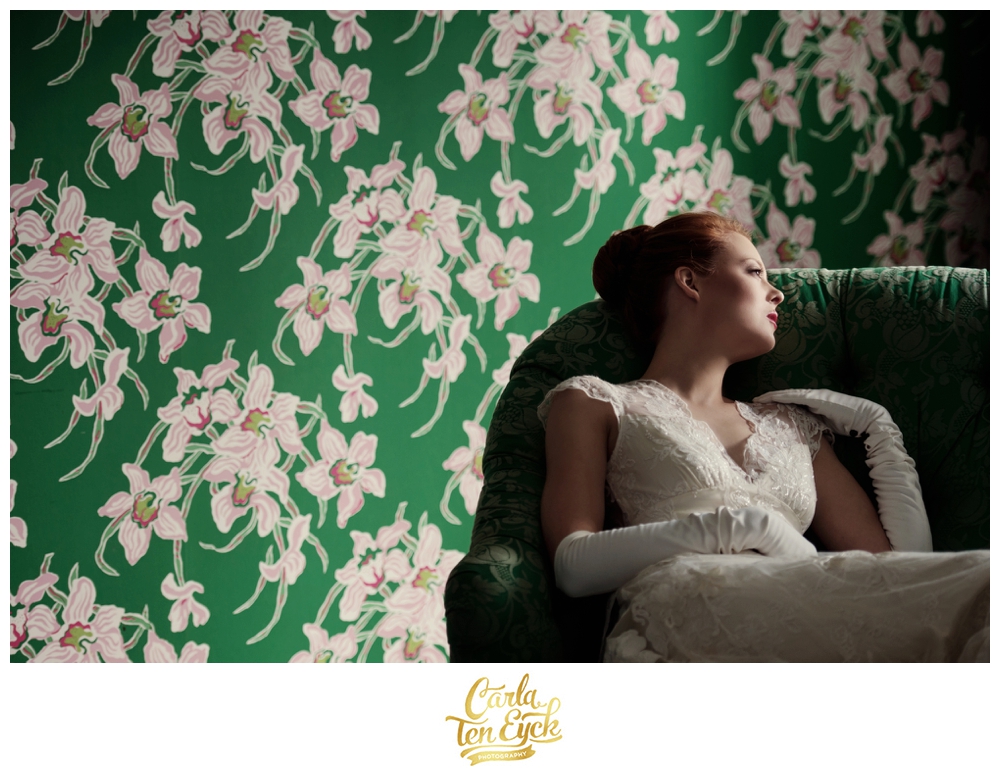 A bride poses in the Presidential Suite at The Greenbrier in West Virginia