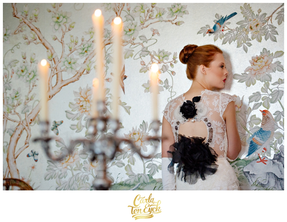 A bride poses in the Presidential Suite at The Greenbrier in West Virginia