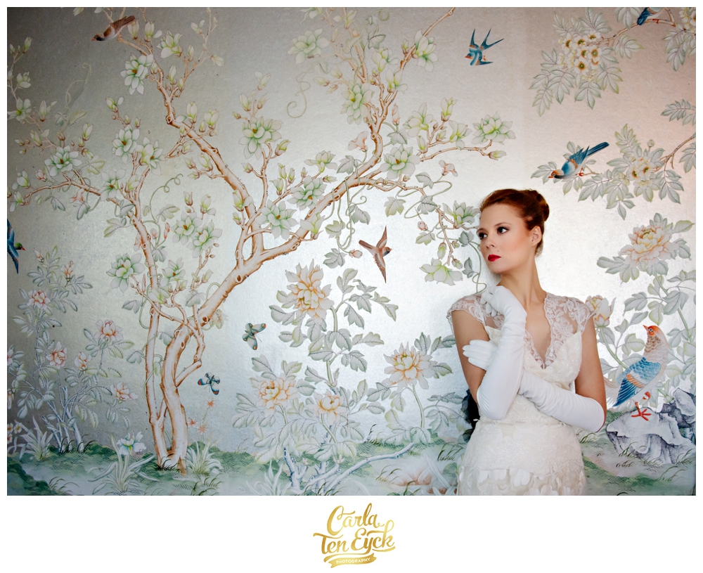 A bride poses in the Presidential Suite at The Greenbrier in West Virginia