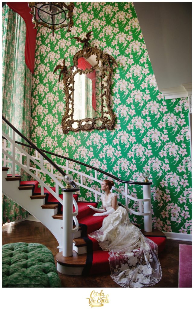 A bride poses in the Presidential Suite at The Greenbrier in West Virginia