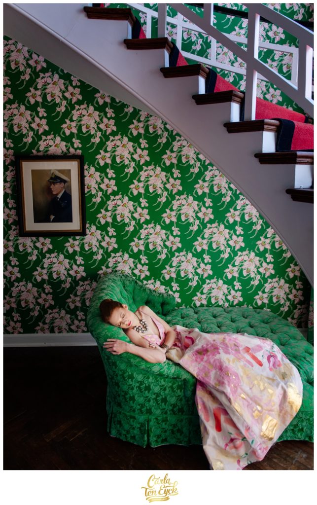 A bride poses in the Presidential Suite at The Greenbrier in West Virginia