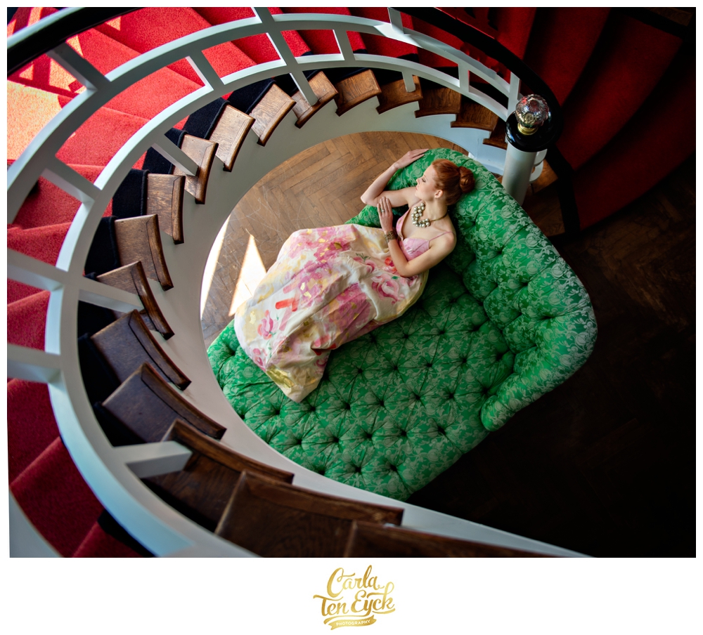 A bride poses in the Presidential Suite at The Greenbrier in West Virginia
