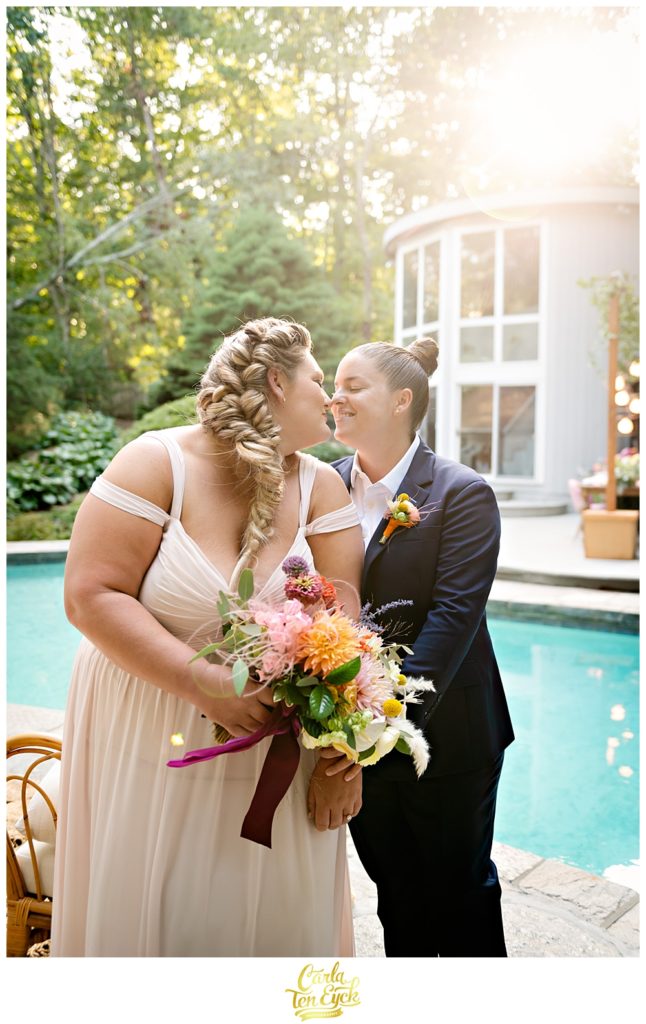 Intimate colorful LGBTQ wedding with two brides during golden hour in Weston CT