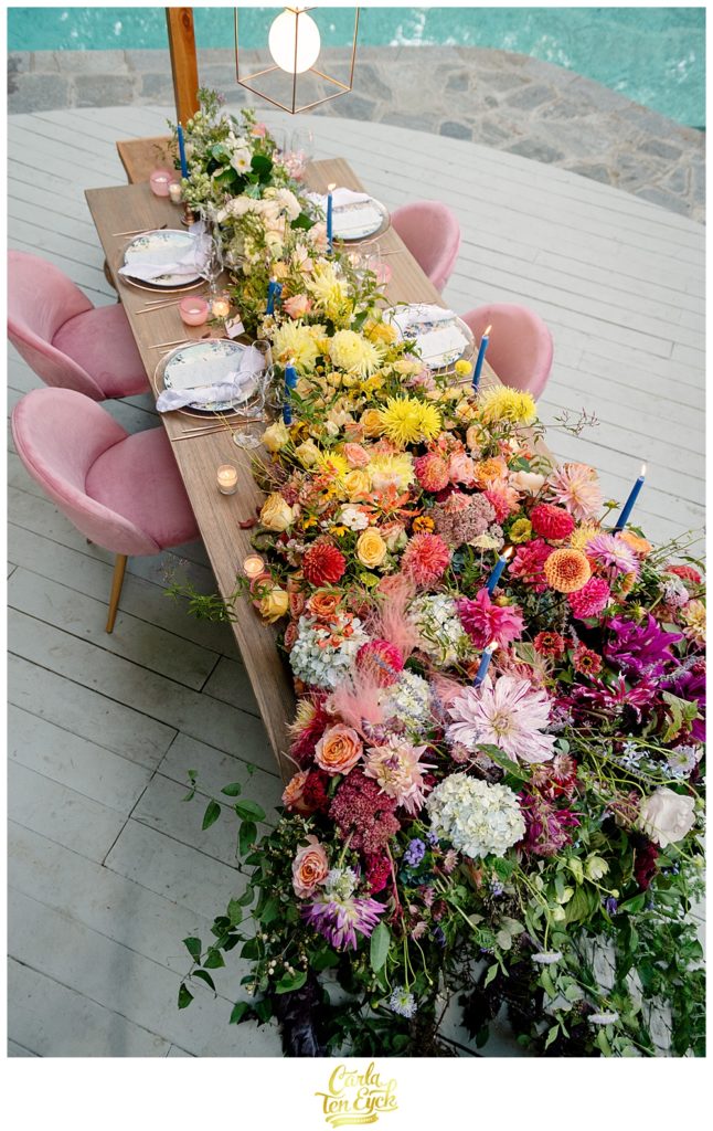 Rainbow ombre floral table runner for LGBTQ wedding in Weston CT