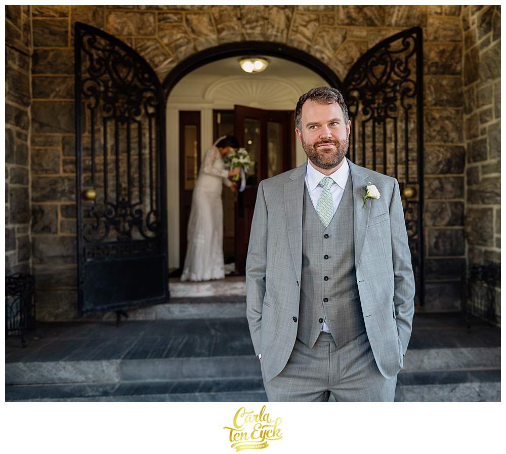 A groom during his first look at his wedding at Tarrytown House estates in Irvington NY