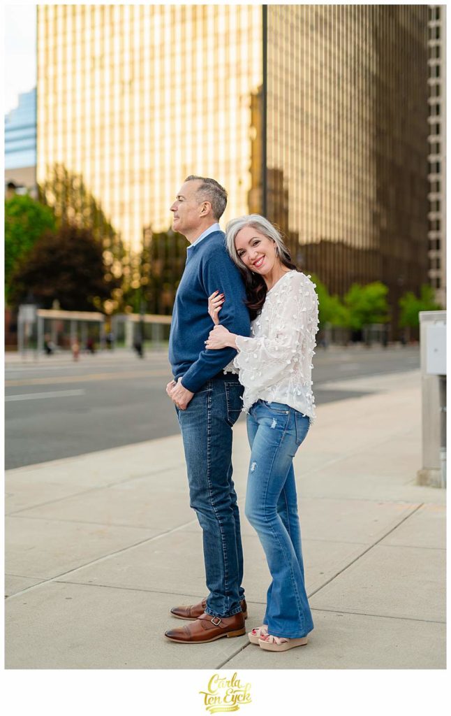 A couple poses for photos during their downtown Hartford engagement session, Hartford CT