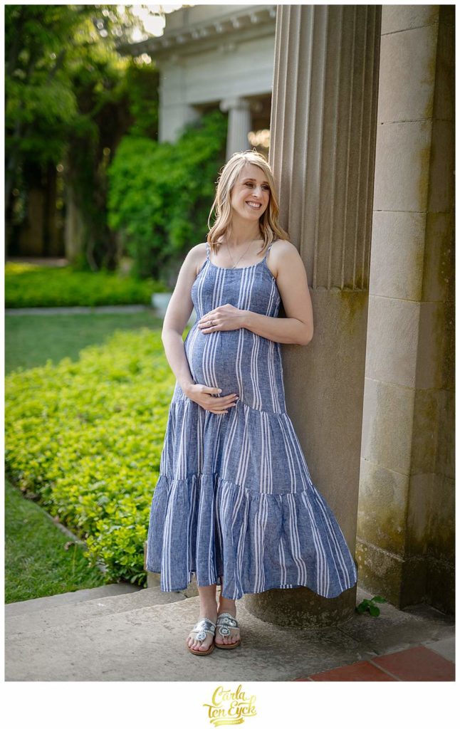 An expectant mother poses during her Harkness maternity session at Harkness Park in Waterford CT
