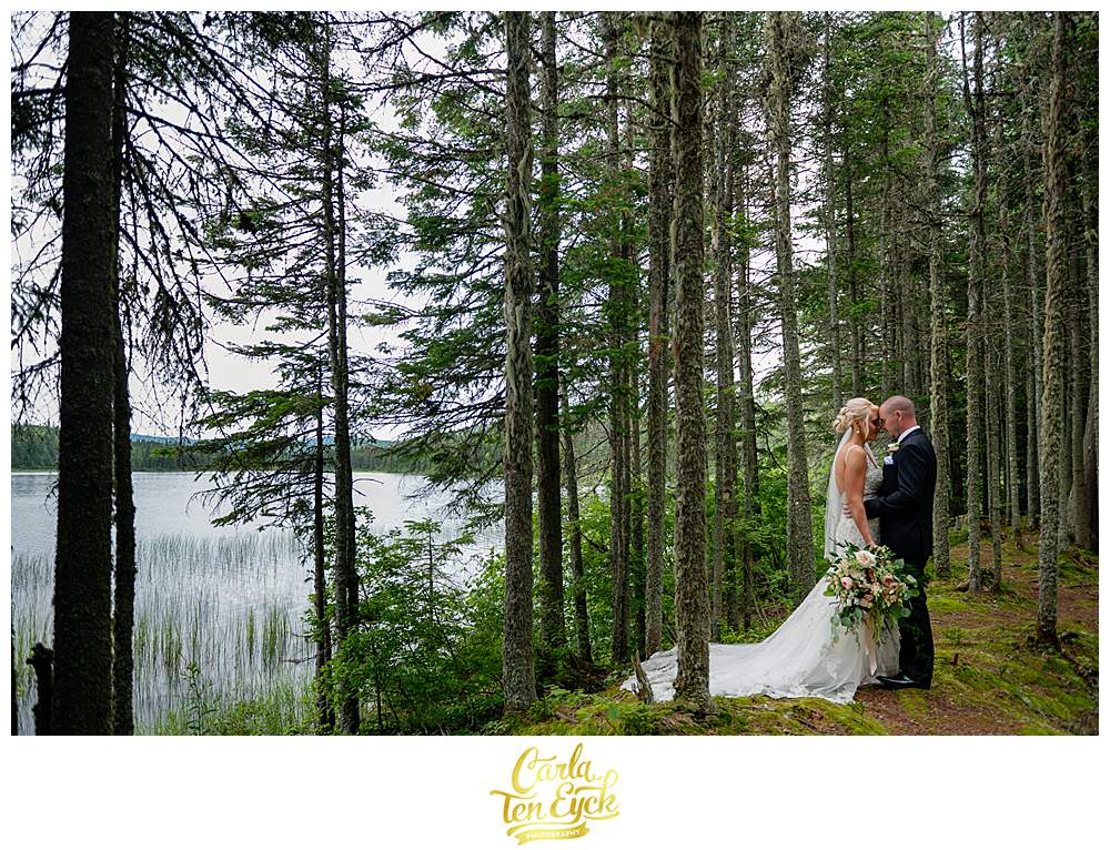 A bride and groom pose for photos in the mossy woods during their New Hampshire wedding.