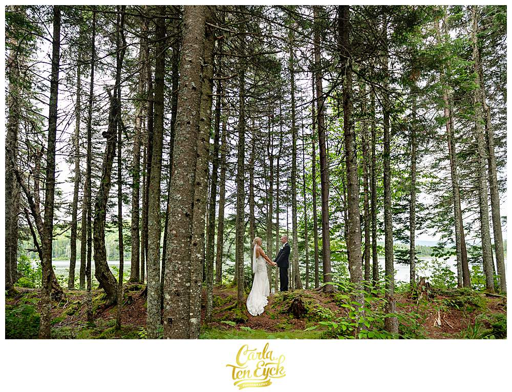 A couple poses in the woods for photos during their New Hampshire wedding.