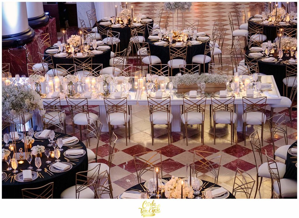The reception hall is ready for a big party at a Goodwin Hotel wedding in Hartford CT