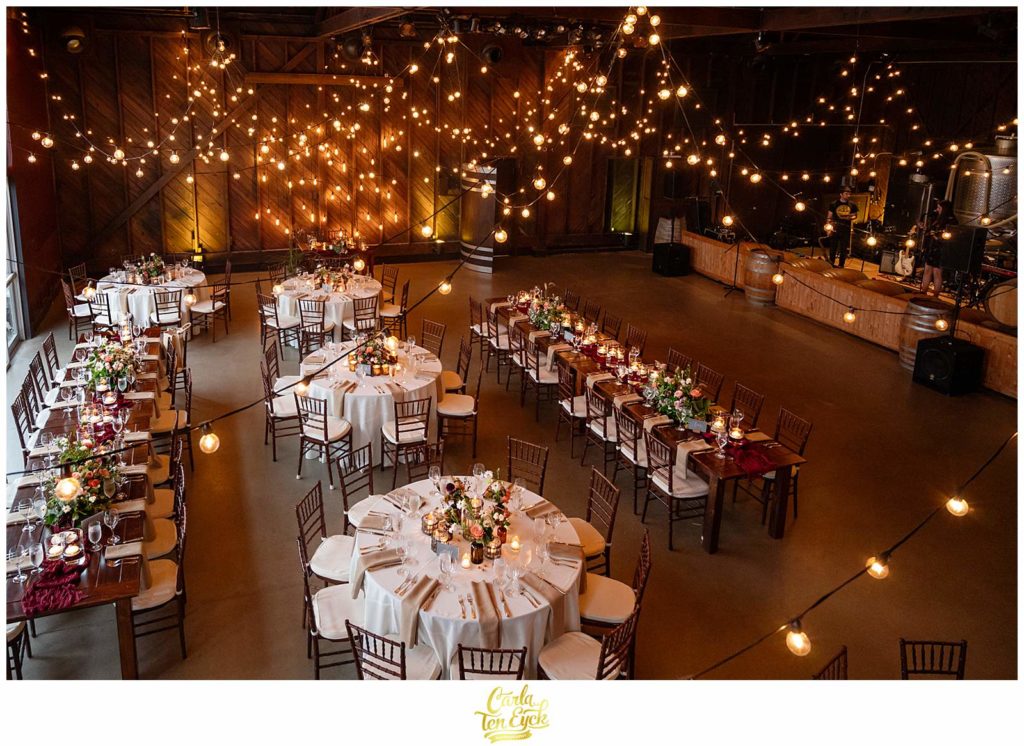 The reception room for an autumn Saltwater Farm Vineyard wedding in Stonington CT