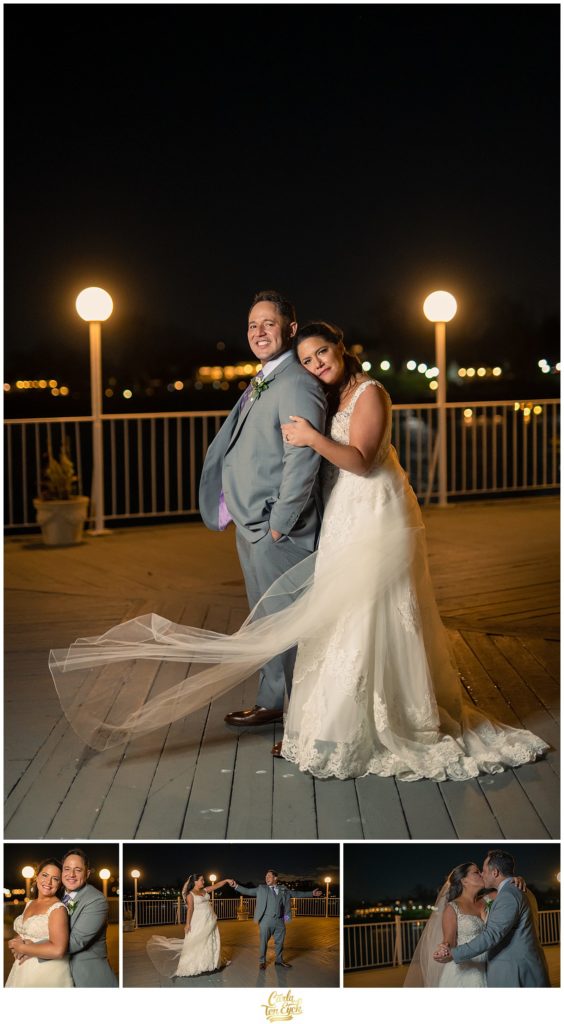 A bride and groom brave the cold for their portraits at their Mamaroneck Yacht Club wedding in Mamaroneck NY