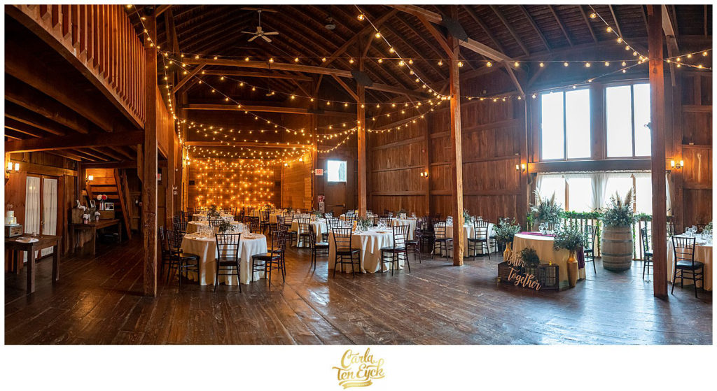 The interior of a winter wedding at The Barns at Wesleyan Hills in Middletown CT