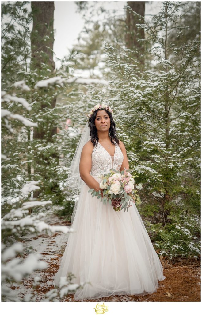A stunning bride stands in a snowy forest for her photos during her wedding at The Pavilion at Crystal Lake in Middletown, CT