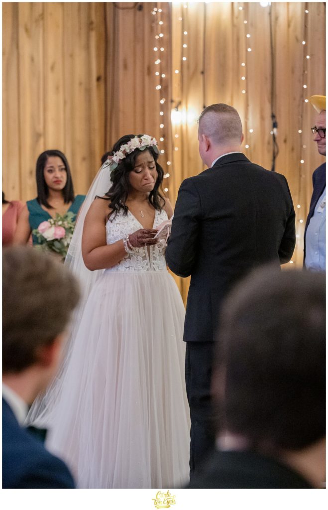 A bride gets emotions during her wedding at The Pavilion at Crystal Lake in Middletown, CT